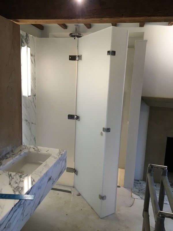 Bespoke frosted glass shower enclosure in Alexandra Palace luxury bathroom